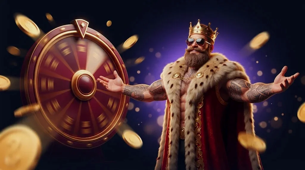 Mascotte roi Dreamzino Casino avec roue de la fortune et pièces d'or